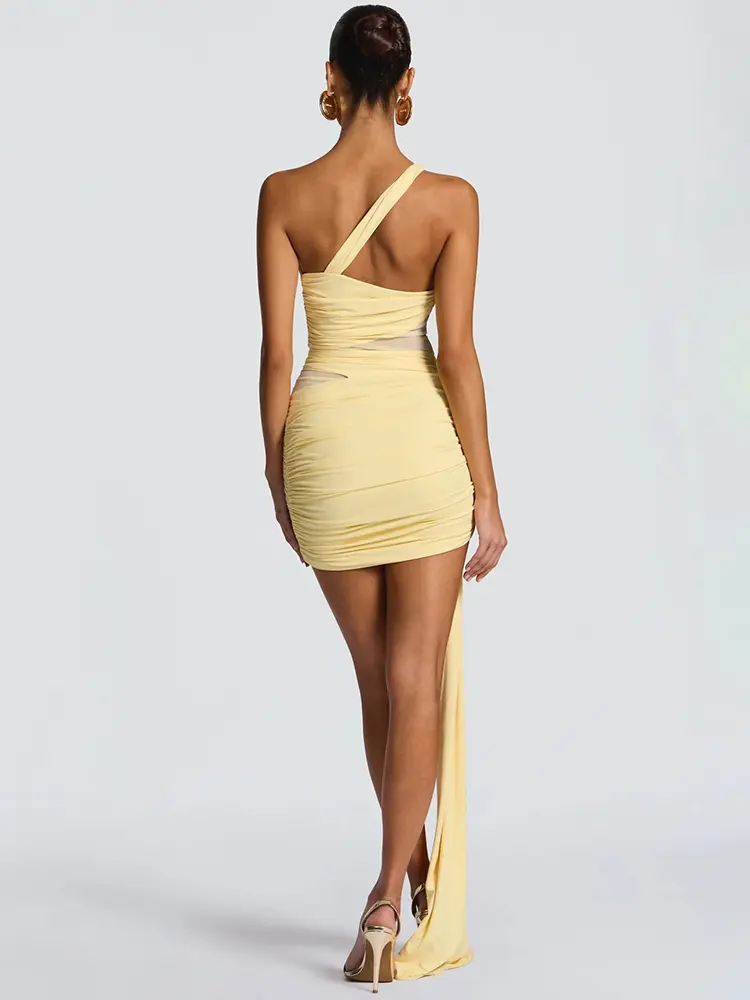 Mozision Inclined Shoulder Backless Sexy Mini Dress Women Fashion Mesh Patchwork Sleeveless Draped Ruched Club Party Dresses