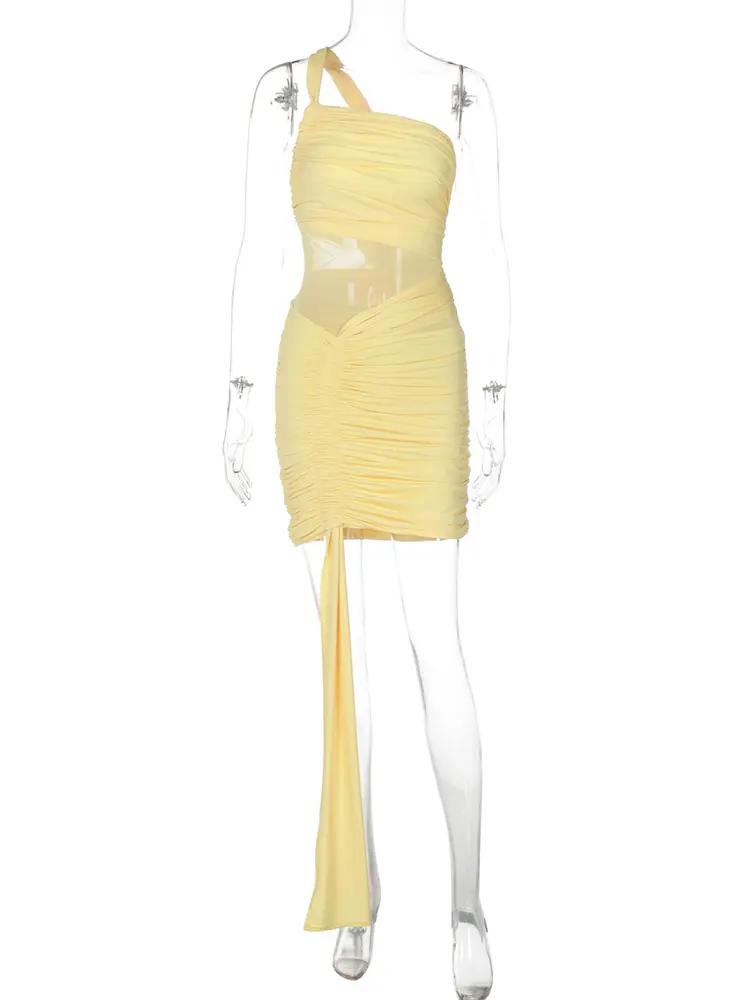 Mozision Inclined Shoulder Backless Sexy Mini Dress Women Fashion Mesh Patchwork Sleeveless Draped Ruched Club Party Dresses