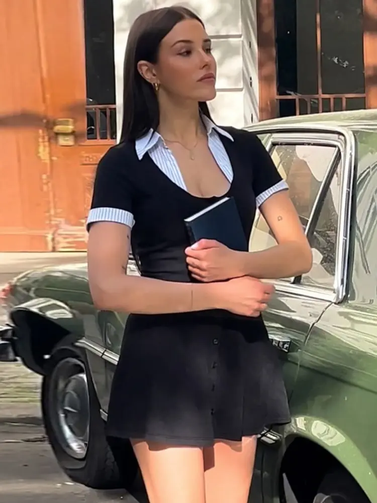 Mozision Fashion Short Sleeve Sexy Mini Dress Women Patchwork Square Collar Striped Single-breasted Slim High Waist Dress