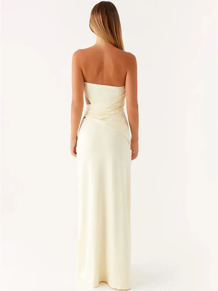 Mozision Hollow Out Off-shoulder Sexy Maxi Dress Women Fashion Metal Flower Strapless Sleeveless Backless Bodycon Club Dress