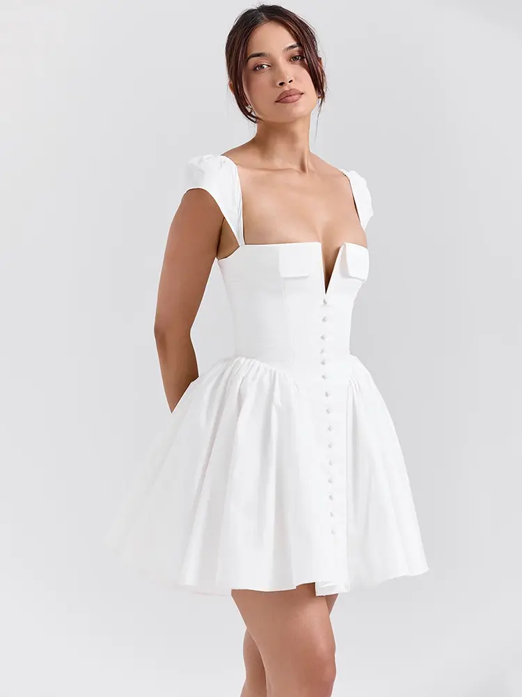 Mozision White Backless Sexy Mini Dress For Women Fashion Square Collar Short Sleeve High Waist A-line Club Party Sexy Dress