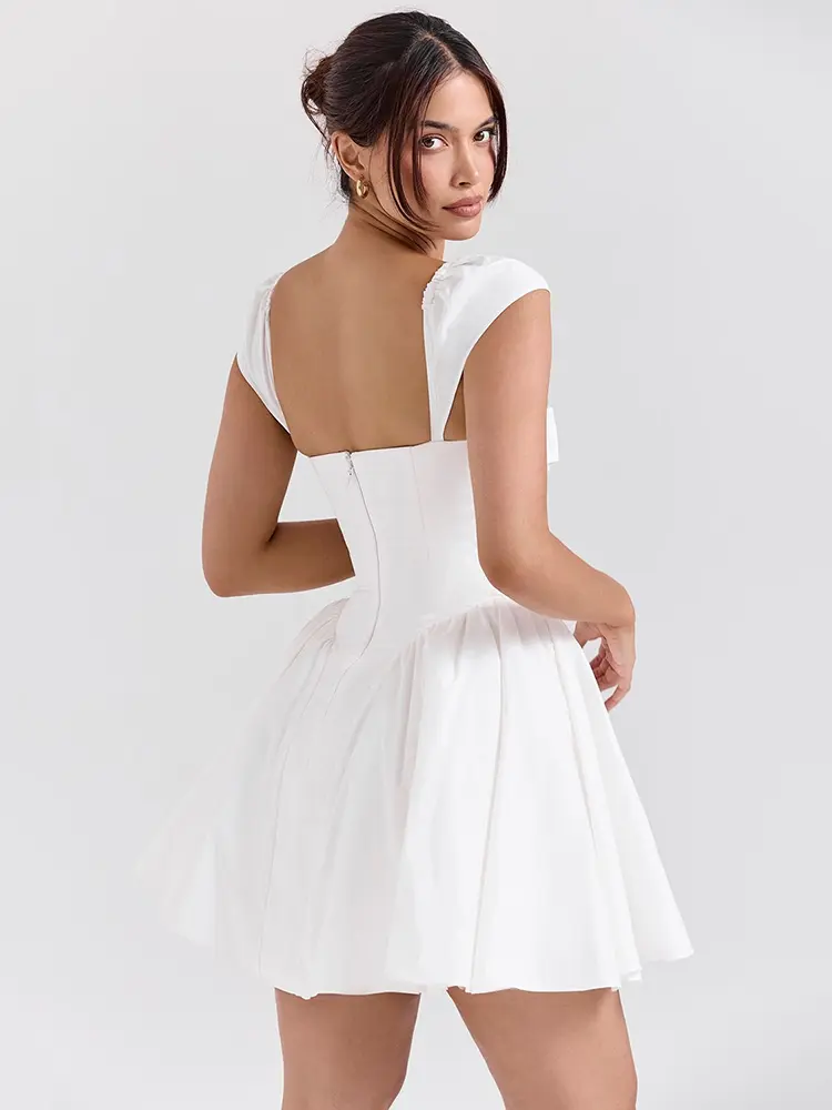 Mozision White Backless Sexy Mini Dress For Women Fashion Square Collar Short Sleeve High Waist A-line Club Party Sexy Dress