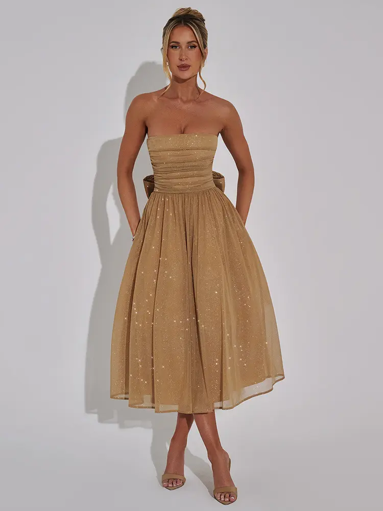 Mozision Off-shoulder Backless Bow Sexy Maxi Dress For Women Strapless Sleeveless A-line Loose Pleated Sexy Long Dress Clubwear