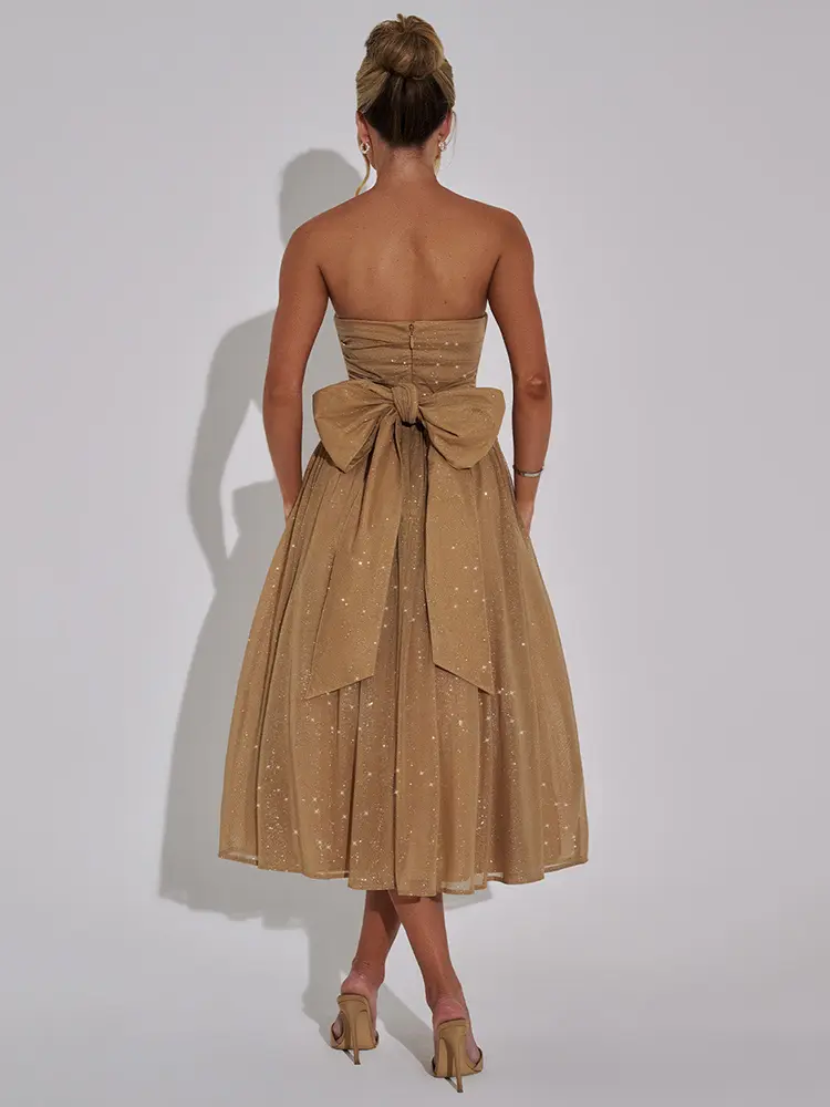 Mozision Off-shoulder Backless Bow Sexy Maxi Dress For Women Strapless Sleeveless A-line Loose Pleated Sexy Long Dress Clubwear