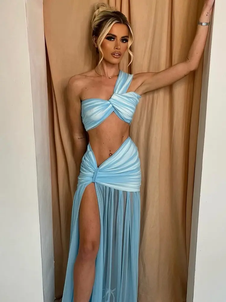 Mozision Summer Sexy Skirt Two Piece Sets Women One Shoulder Crop Top And Maxi Skirt Female Elegant Beach Club Party 2 Piece Set