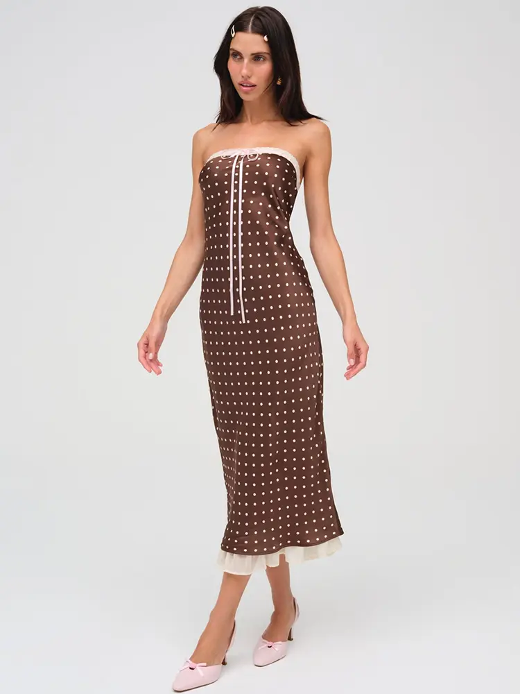 Mozision Lace Strapless Backless Sexy Midi Dress For Women Fashion Off-shoulder Sleeveless Bodycon Polka Dot Dress Elegant