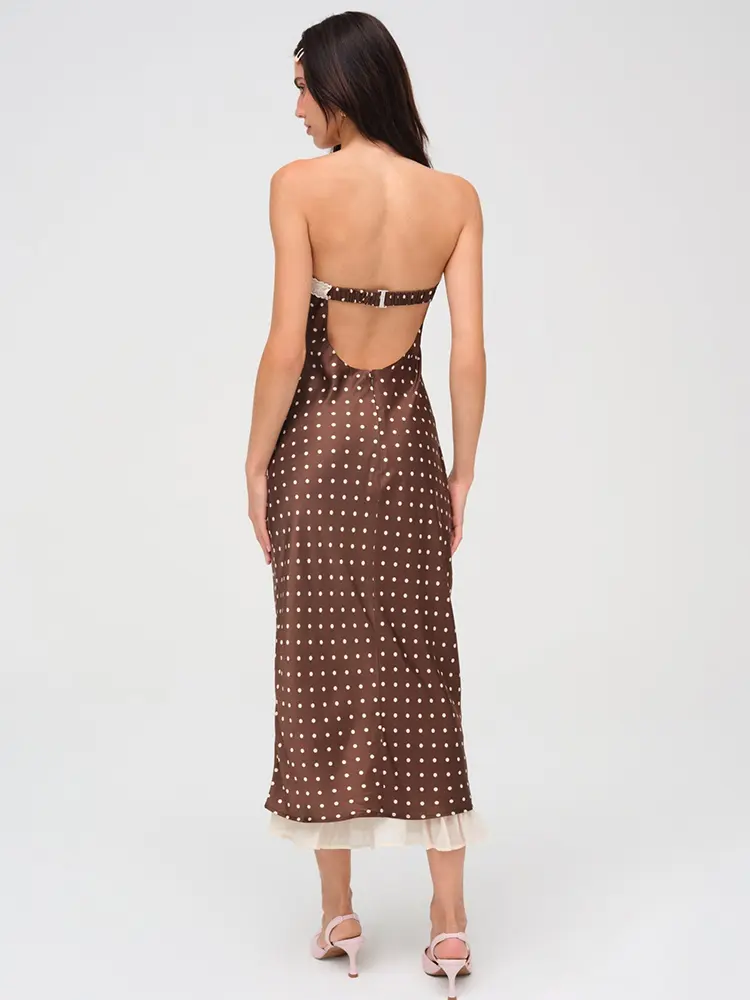 Mozision Lace Strapless Backless Sexy Midi Dress For Women Fashion Off-shoulder Sleeveless Bodycon Polka Dot Dress Elegant
