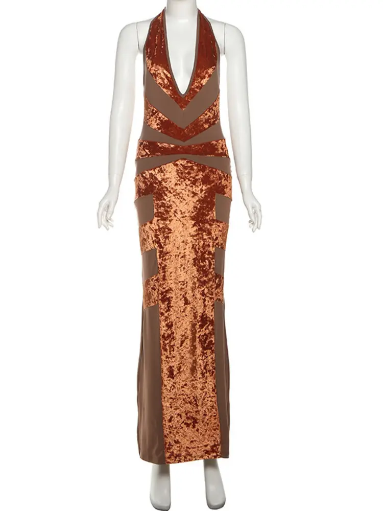 Mozision Halter Deep V Neck Sexy Maxi Dress For Women Gown Patchwork Sleeveless Backless Bodycon Club Party Long Dress Female