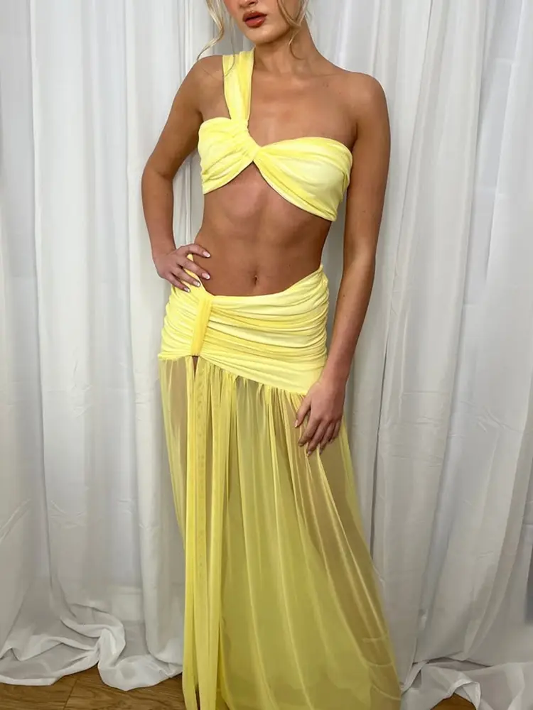 Mozision Summer Sexy Skirt Two Piece Sets Women One Shoulder Crop Top And Maxi Skirt Female Elegant Beach Club Party 2 Piece Set