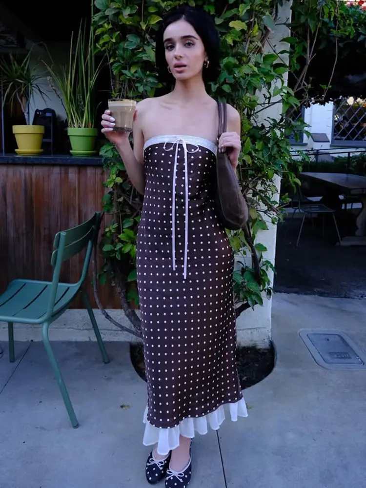 Mozision Lace Strapless Backless Sexy Midi Dress For Women Fashion Off-shoulder Sleeveless Bodycon Polka Dot Dress Elegant