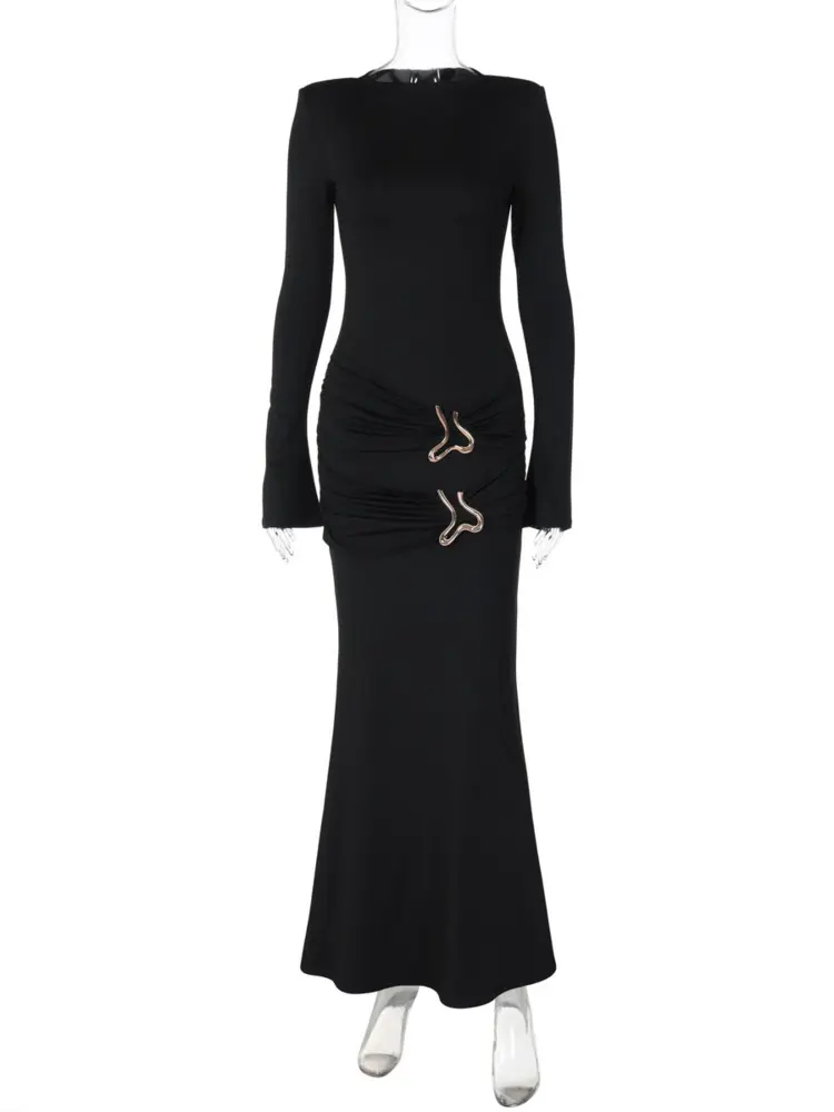 Mozision Sexy Long Sleeve O-neck Solid Pleated Long Dress For Women Slim Fit High Waist Elegant Autumn Bodycon Evening Dress