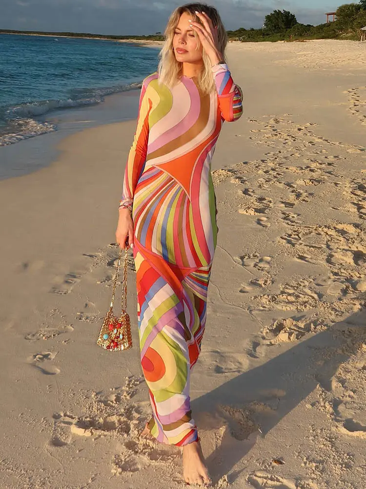 Mozision Elegant Striped Print Sexy Maxi Dress For Women Mesh See Through Patchwork Long Sleeve Beach Club Party Long Dresses