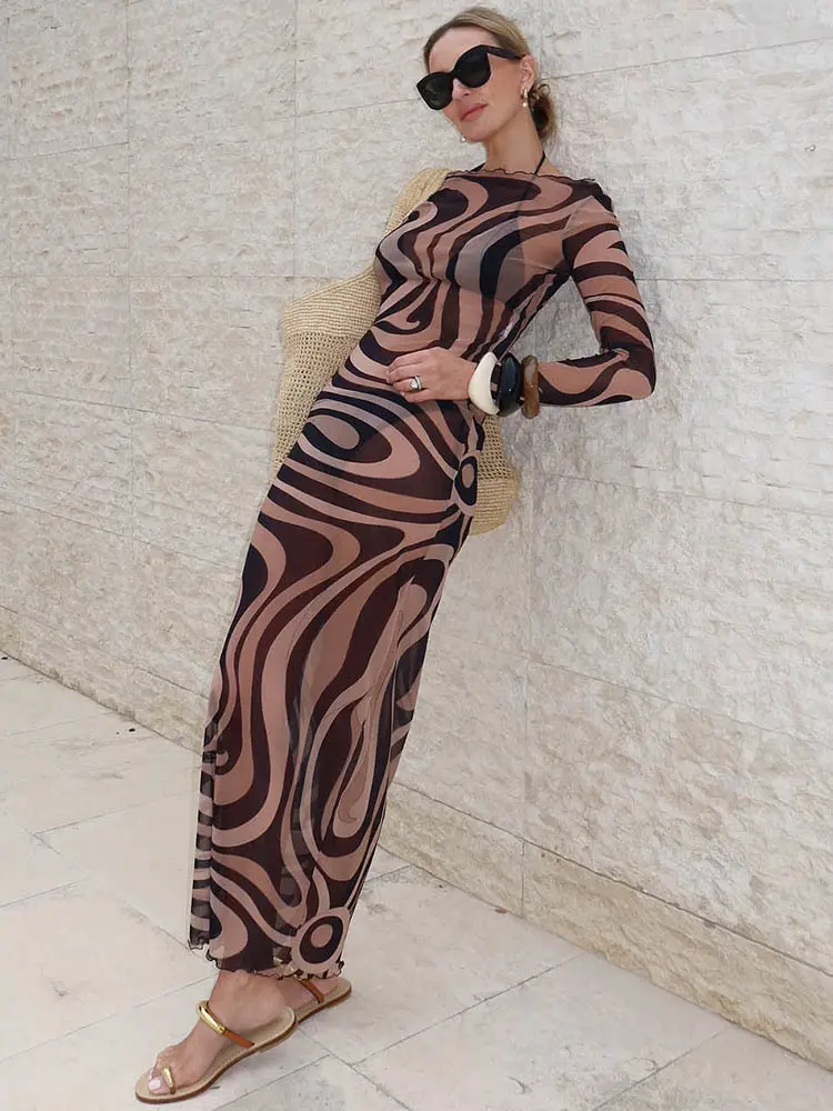 Mozision Elegant Striped Print Sexy Maxi Dress For Women Mesh See Through Patchwork Long Sleeve Beach Club Party Long Dresses