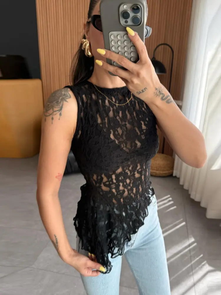 Mozision Summer Lace Sexy Tank Top Women Fashion O Neck See Through Sleeveless Tank Tops Vest Female Elegant Irregular Top Tees