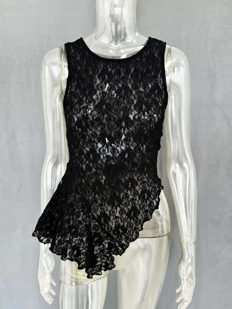 Mozision Summer Lace Sexy Tank Top Women Fashion O Neck See Through Sleeveless Tank Tops Vest Female Elegant Irregular Top Tees