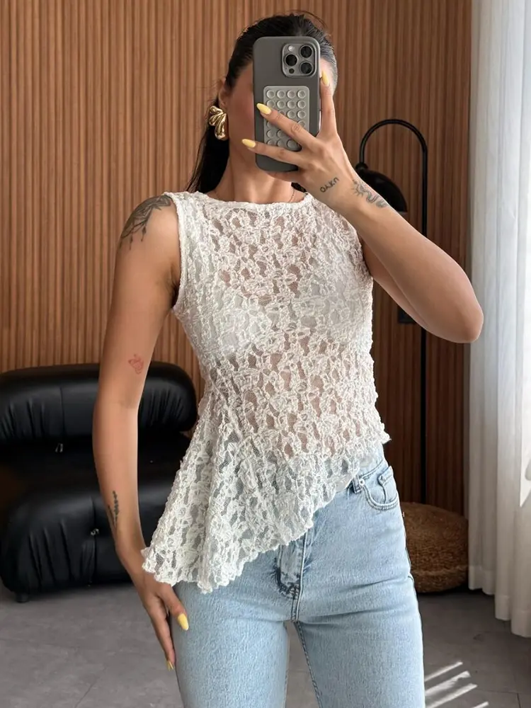 Mozision Summer Lace Sexy Tank Top Women Fashion O Neck See Through Sleeveless Tank Tops Vest Female Elegant Irregular Top Tees