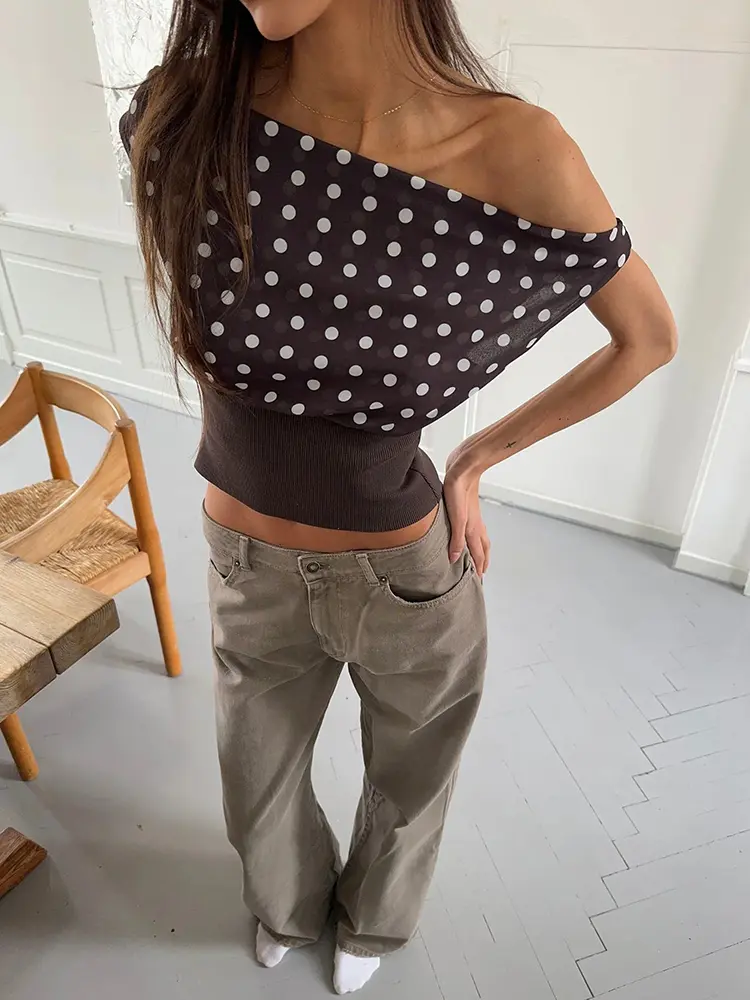 Mozision Backless Polka Dot Crop Tops Women Vest Fashion Summer New Oblique Shoulder Sleeveless Tank Tops Pullovers Female
