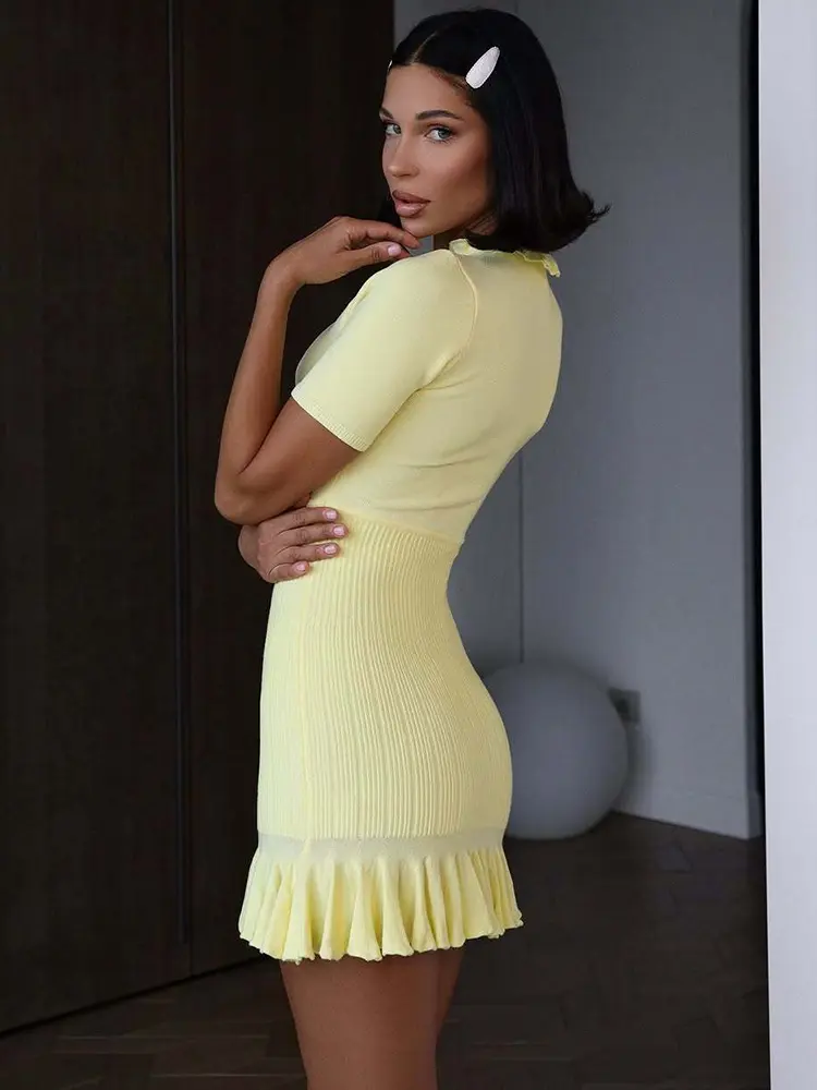 Mozision Summer Short Sleeve Ruffle Mini Dress Women Sweater Pullover Elegant Fashion Hollow Out Ribbed Slim High Waist Dress