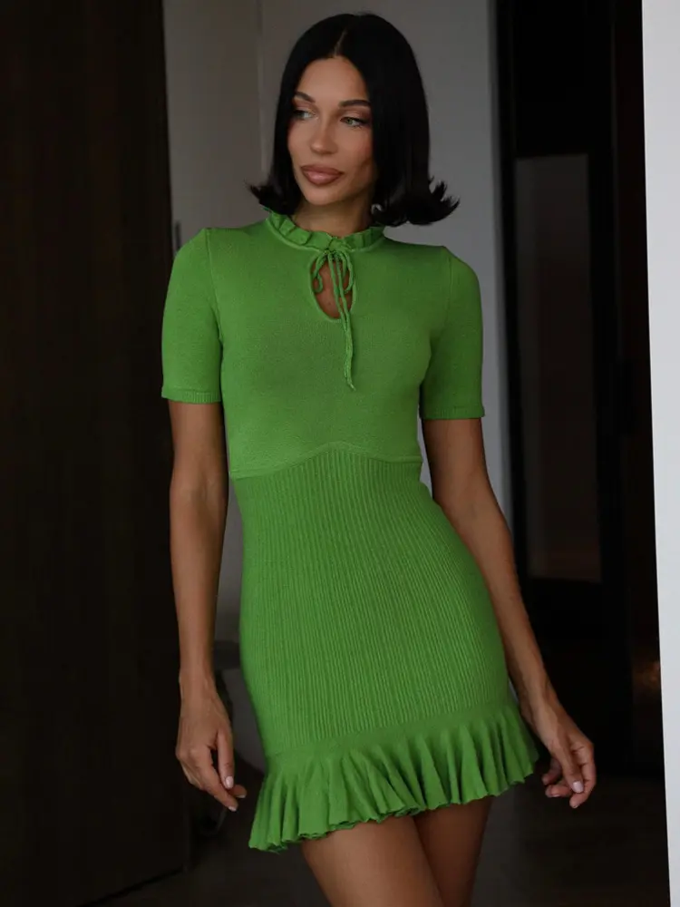 Mozision Summer Short Sleeve Ruffle Mini Dress Women Sweater Pullover Elegant Fashion Hollow Out Ribbed Slim High Waist Dress