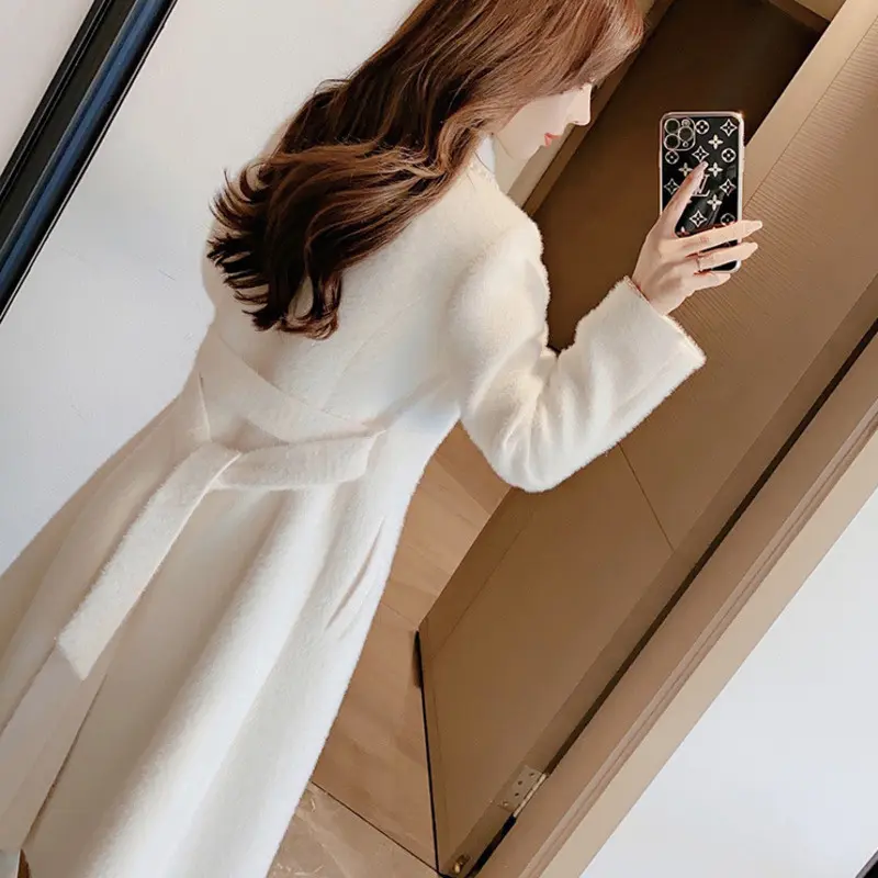 Mozision Notched Collar With Sashes Woolen Coat Women Solid Double Breasted Mid-length Overcoat Ladies High Street Wool Coat