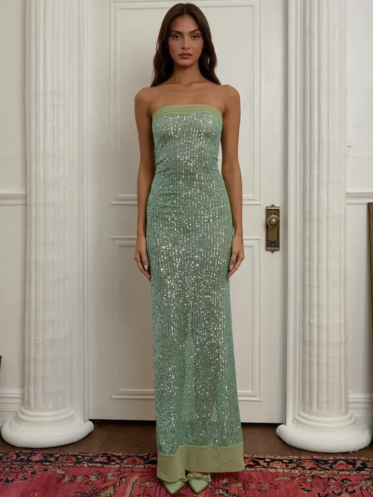 Mozision Sequin Strapless High Split Sexy Maxi Dress Women Elegant Off-shoulder Sleeveless Backless Sparkle Floor Length Dress