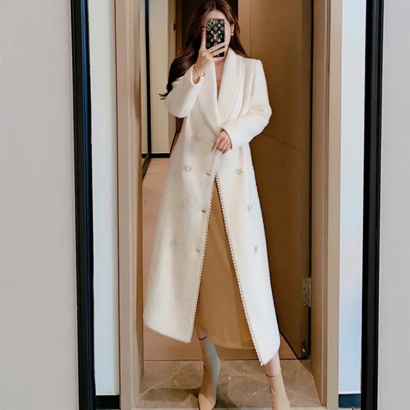 Mozision Notched Collar With Sashes Woolen Coat Women Solid Double Breasted Mid-length Overcoat Ladies High Street Wool Coat