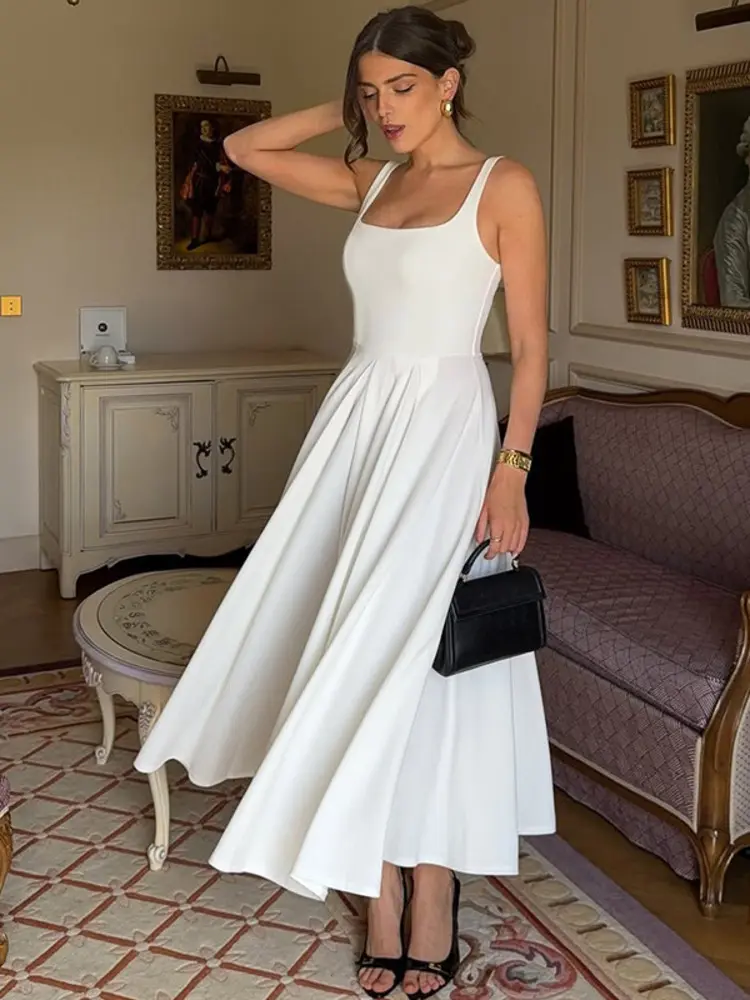 Mozision Spaghetti Strap Backless Sexy Maxi Dress For Women Fashion High Waist A-line Pleated Club Party Long Dresses Female