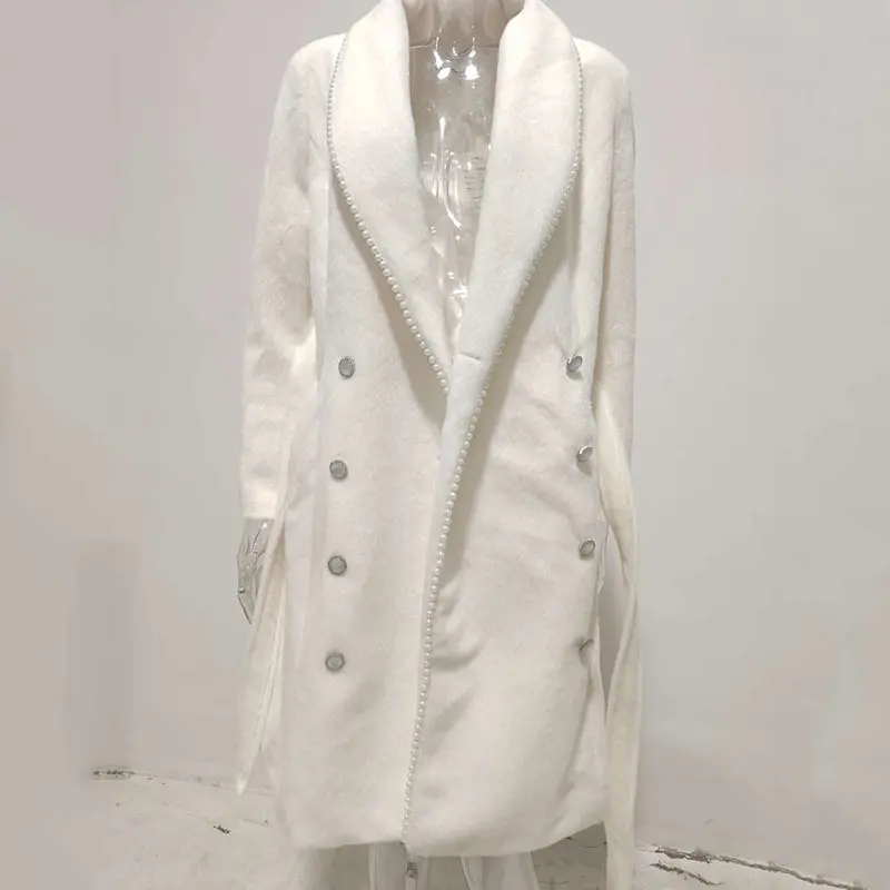Mozision Notched Collar With Sashes Woolen Coat Women Solid Double Breasted Mid-length Overcoat Ladies High Street Wool Coat