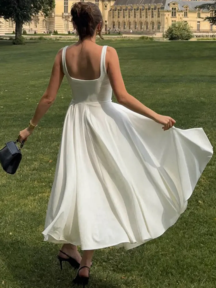 Mozision Spaghetti Strap Backless Sexy Maxi Dress For Women Fashion High Waist A-line Pleated Club Party Long Dresses Female