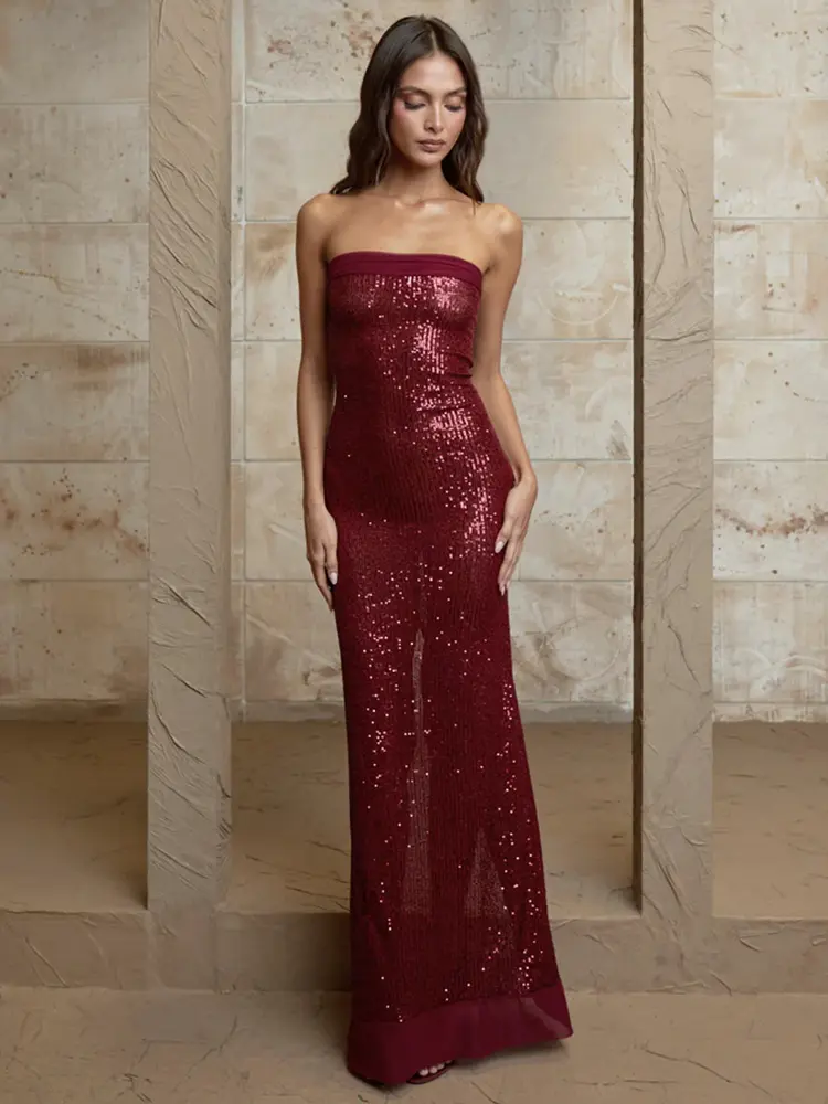 Mozision Sequin Strapless High Split Sexy Maxi Dress Women Elegant Off-shoulder Sleeveless Backless Sparkle Floor Length Dress