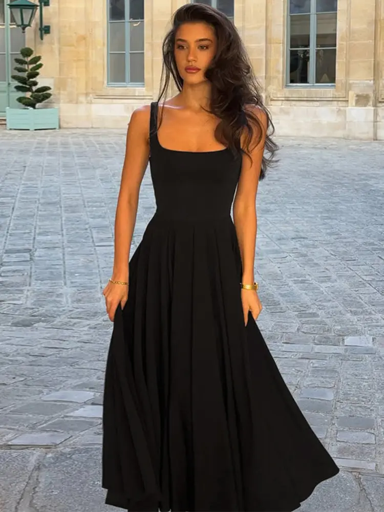 Mozision Spaghetti Strap Backless Sexy Maxi Dress For Women Fashion High Waist A-line Pleated Club Party Long Dresses Female
