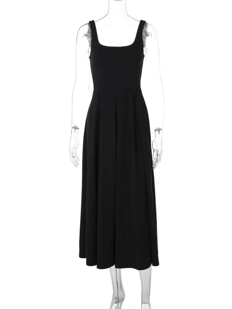 Mozision Spaghetti Strap Backless Sexy Maxi Dress For Women Fashion High Waist A-line Pleated Club Party Long Dresses Female