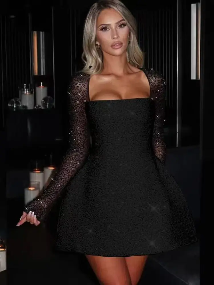 Mozision Sequins Long Sleeve Backless Sexy Mini Dress Women Robe Fashion Sparkle Lace-up High Waist A-line Club Dress Vestido