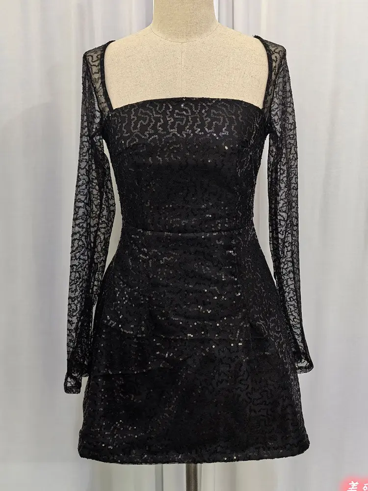 Mozision Sequins Long Sleeve Backless Sexy Mini Dress Women Robe Fashion Sparkle Lace-up High Waist A-line Club Dress Vestido
