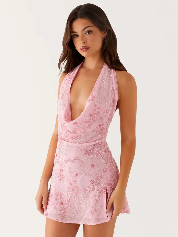 Mozision Sequins Print Sexy Mini Dress Women Pink Fashion Halter Deep V Neck Sleeveless Backless Lace-up Sparkle Club Dress