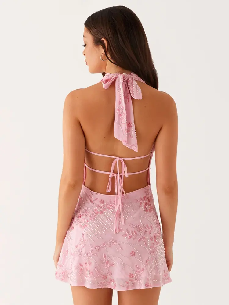 Mozision Sequins Print Sexy Mini Dress Women Pink Fashion Halter Deep V Neck Sleeveless Backless Lace-up Sparkle Club Dress