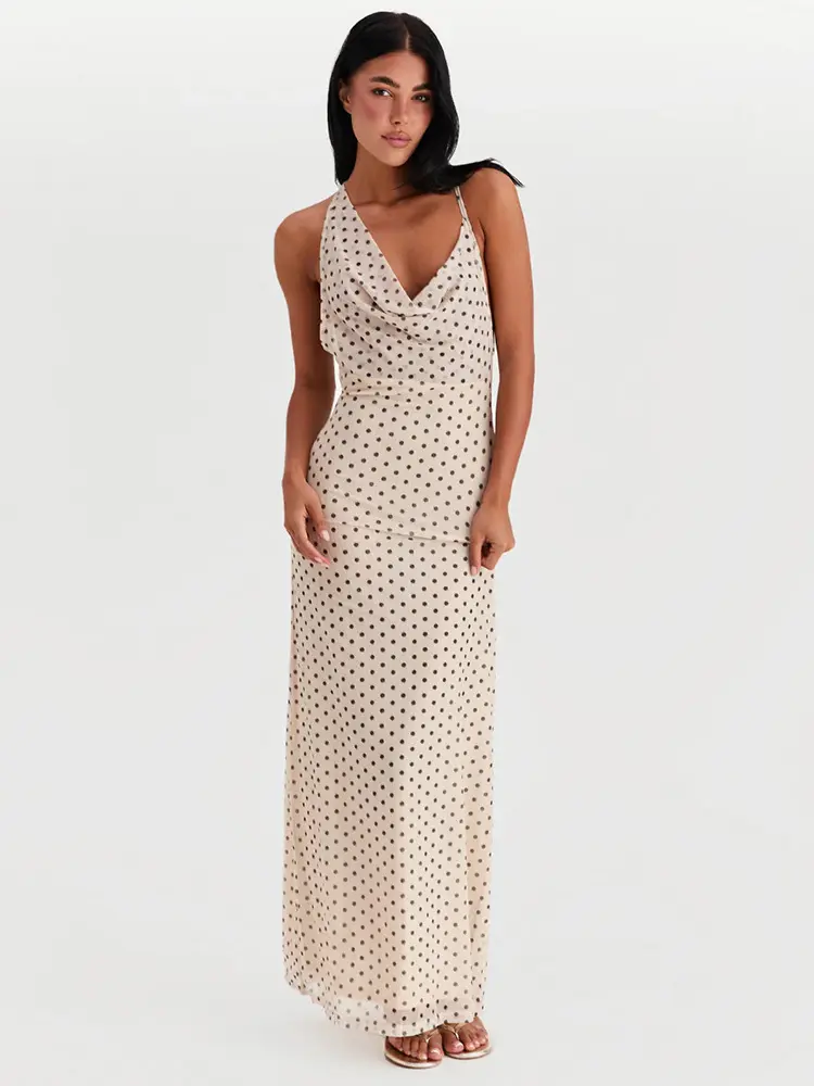 Mozision Spaghetti Strap Polka Dot Dress For Women Gown Fashion Irregular V Neck Sleeveless Backless Bodycon Club Long Dress