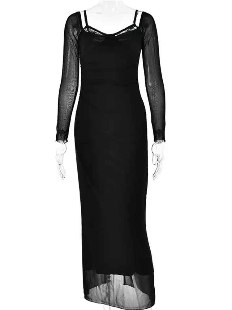Mozision Elegant Sheer Long Sleeve Bodycon Maxi Dress For Women Fashion Mesh Black Strapless Backless Club Party Sexy Dress