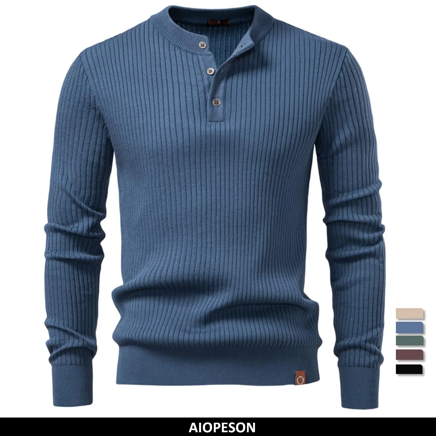 AIOPESON Men's Long sleeve t-shirt fashion knit slim fit polo sweater riibed henry collar tshirt for man