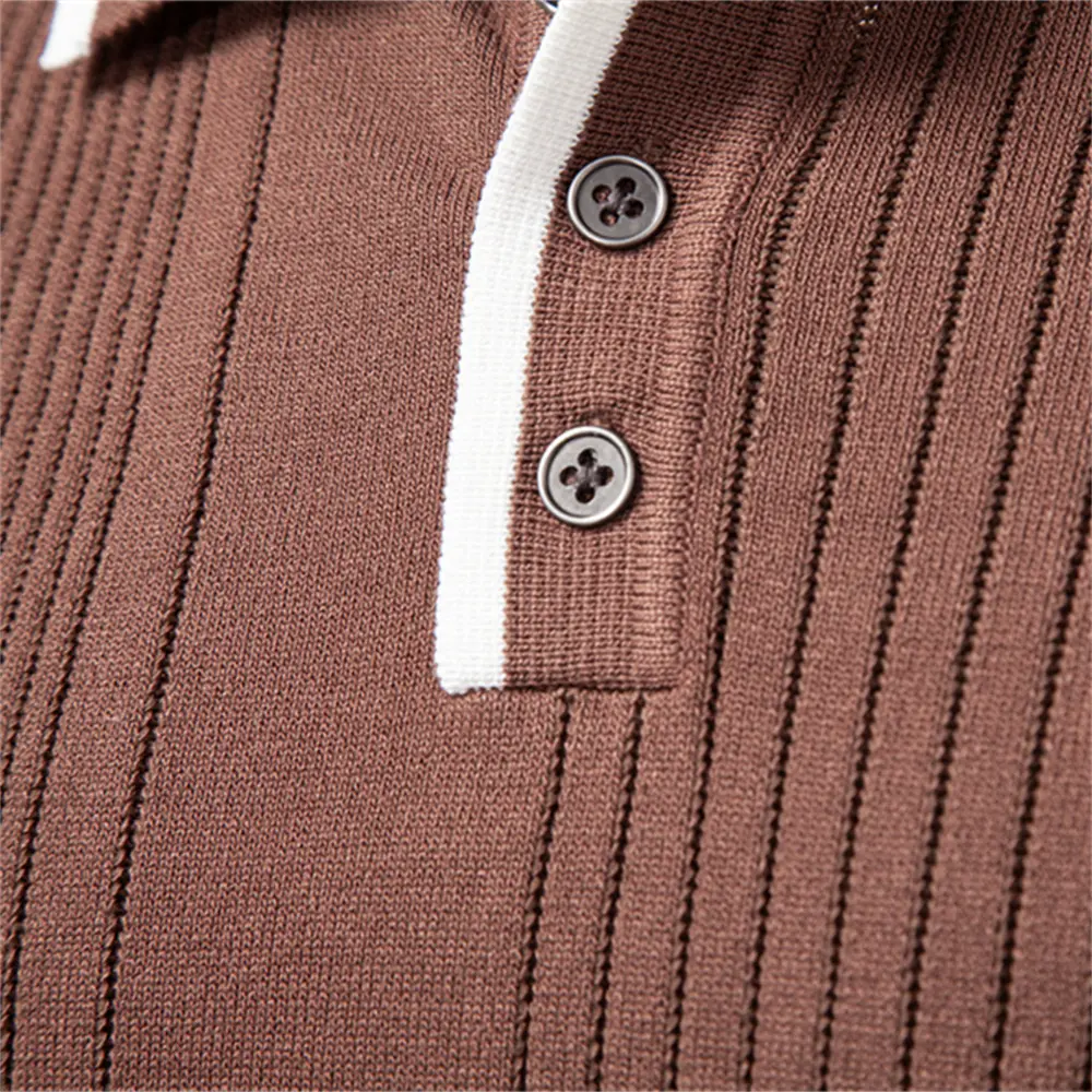 2025 Button Down Polo Shirt Men Solid Color Stripe Long Sleeve Fall Winter Luxury Warm Touch Business Casual Mens Polo Shirts