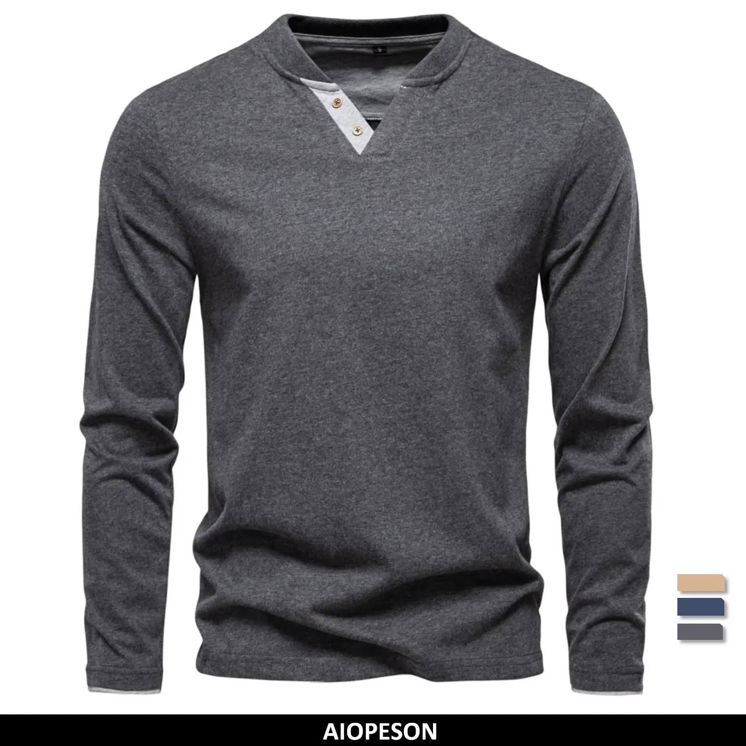 AIOPESON Henley Collar T Shirt Men Casual Solid Color Long Sleeve Autumn Fashion High Quality 100% Cotton Mens T Shirts