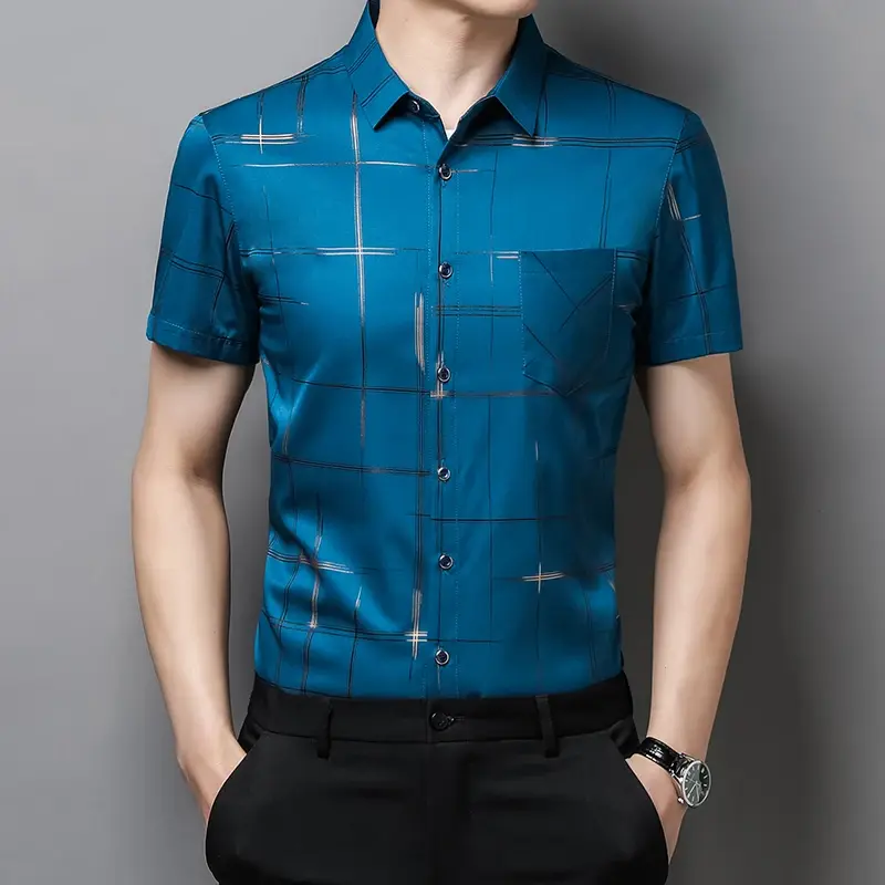 Men's Business Casual Short Sleeve Shirt New No Iron Wrinkle Resistant Top Easy Care Comfortable Fit for Office And Work