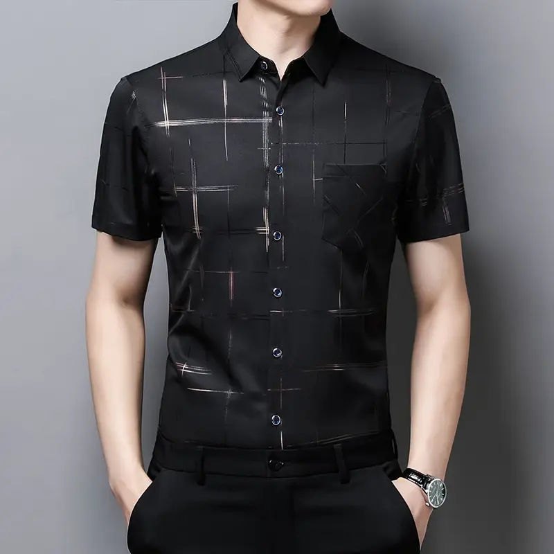 Men's Business Casual Short Sleeve Shirt New No Iron Wrinkle Resistant Top Easy Care Comfortable Fit for Office And Work
