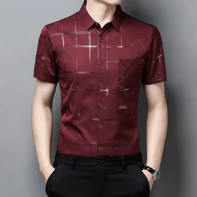 Men's Business Casual Short Sleeve Shirt New No Iron Wrinkle Resistant Top Easy Care Comfortable Fit for Office And Work