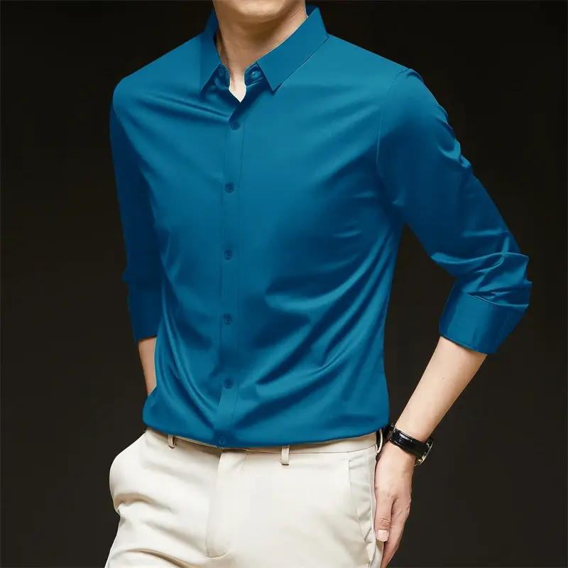 New Men's Business Casual Long Sleeved Solid Color Shirt Wrinkle Resistant Wrinkle Free Comfortable All Season Versatile Top