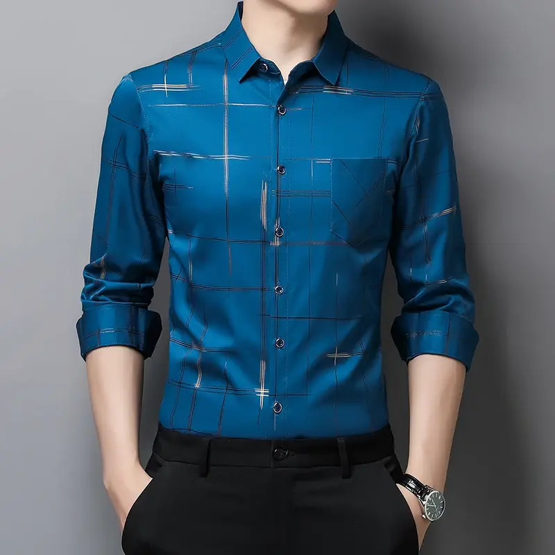 New Men's Casual Printed Long Sleeved Lapel Shirt for Spring and Autumn Fashion Comfortable Wrinkle Free Top Without Ironing