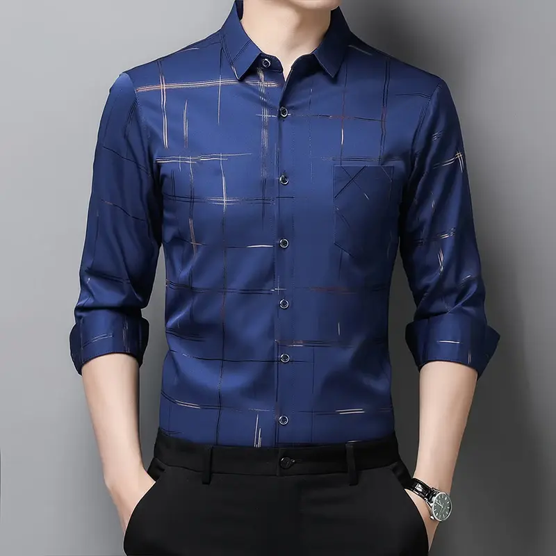 New Men's Casual Printed Long Sleeved Lapel Shirt for Spring and Autumn Fashion Comfortable Wrinkle Free Top Without Ironing