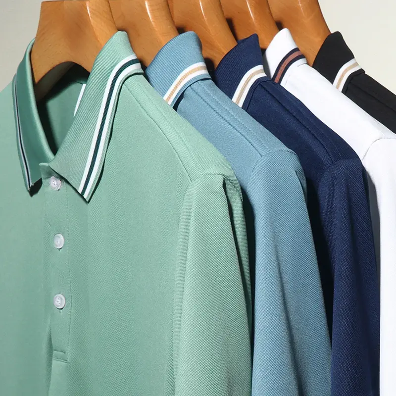 Men's Fashion Solid Short Sleeved Striped Lapel Polo Shirt Summer Breathable Comfortable Top