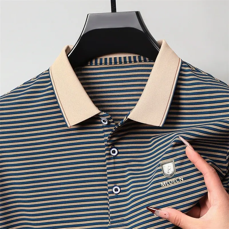 Men's Casual and Fashionable Striped Short Sleeved Polo Shirt Summer Comfortable Sweat Absorbing Breathable and Versatile Top