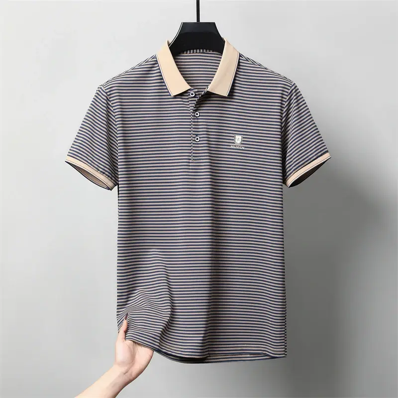 Men's Casual and Fashionable Striped Short Sleeved Polo Shirt Summer Comfortable Sweat Absorbing Breathable and Versatile Top